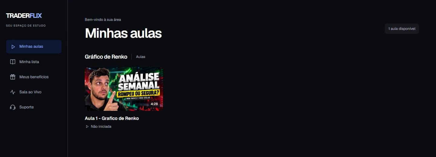 Interface real da TraderFlix: menu lateral e aulas disponíveis diretamente na página inicial
